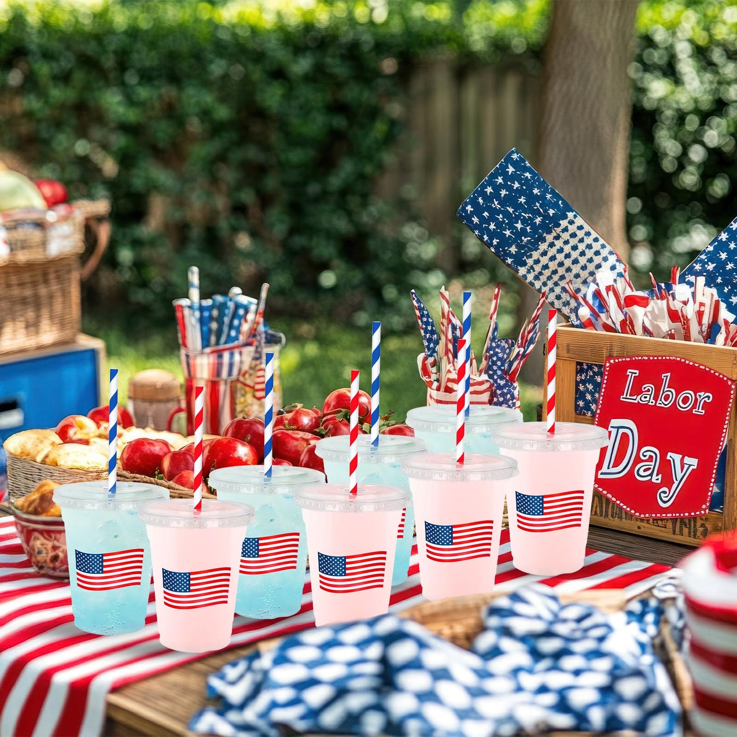 Patriotic Flag Disposable Drinking Cups with Straws & Lids-50Pcs