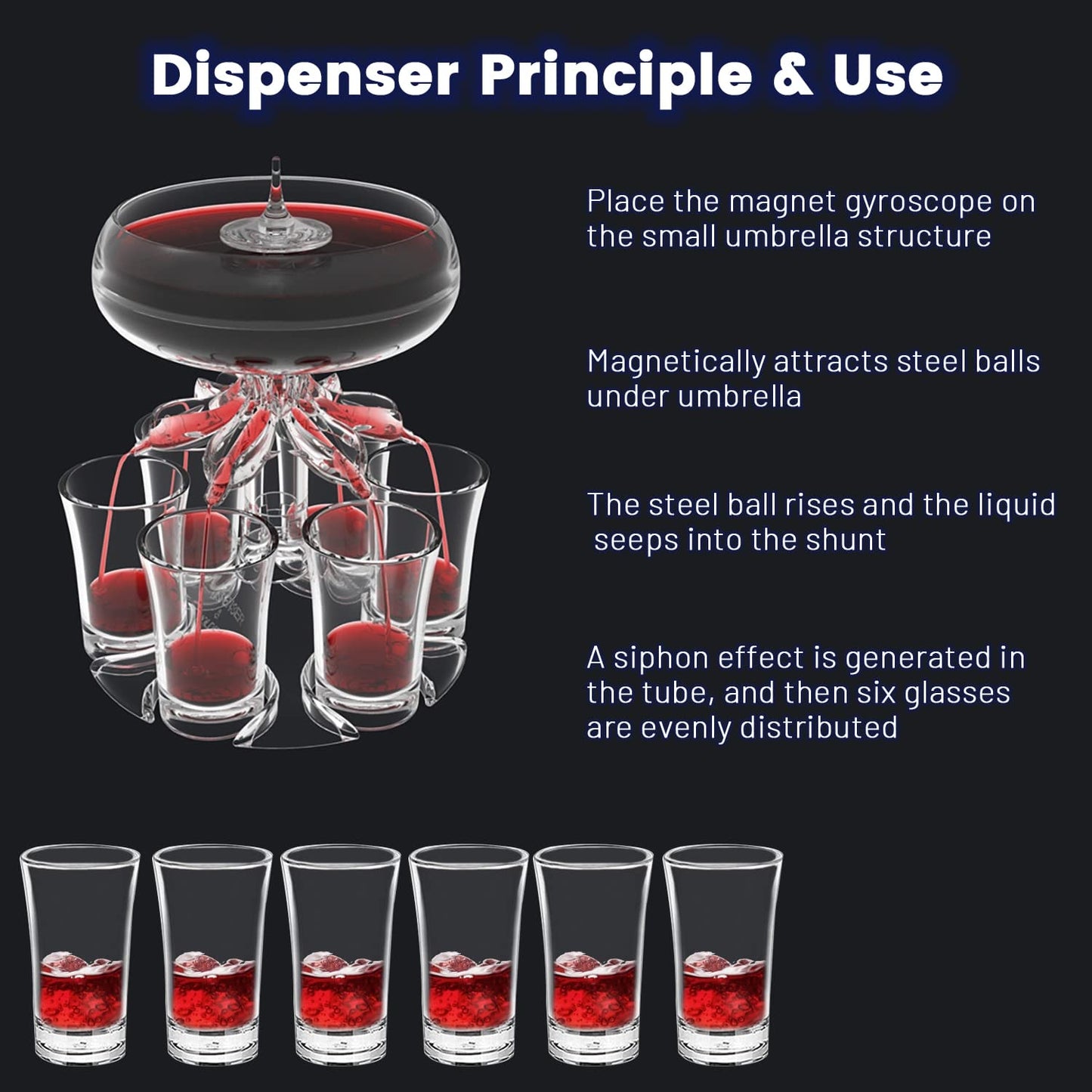 6 Shot Glass Drink Dispenser Set, Acrylic Touchless Liquor Pourer with LED Light, Bar Cocktail Beverage Accessories