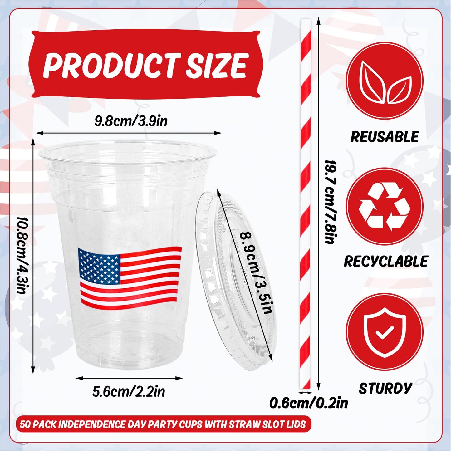 Patriotic Flag Disposable Drinking Cups with Straws & Lids-50Pcs