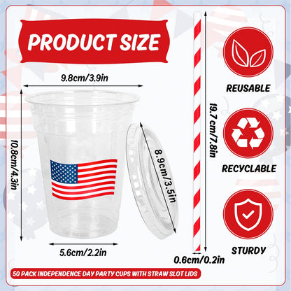 Patriotic Flag Disposable Drinking Cups with Straws & Lids-50Pcs
