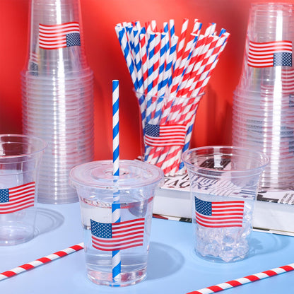 Patriotic Flag Disposable Drinking Cups with Straws & Lids-50Pcs