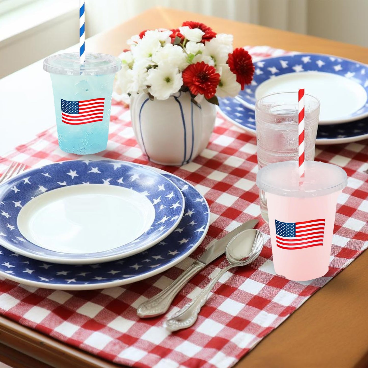 Patriotic Flag Disposable Drinking Cups with Straws & Lids-50Pcs