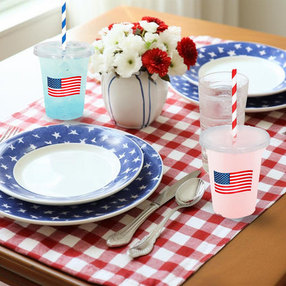 Patriotic Flag Disposable Drinking Cups with Straws & Lids-50Pcs