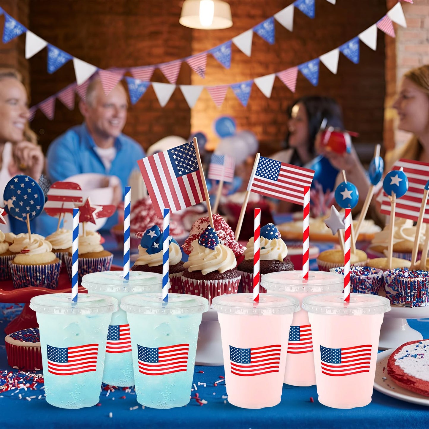 Patriotic Flag Disposable Drinking Cups with Straws & Lids-50Pcs