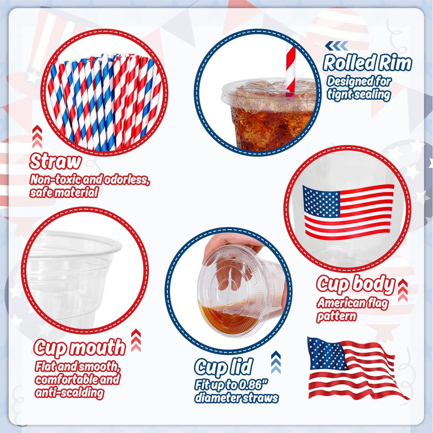 Patriotic Flag Disposable Drinking Cups with Straws & Lids-50Pcs