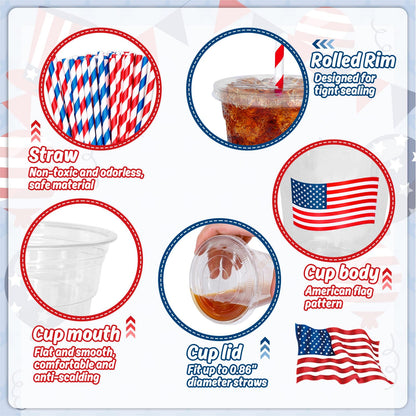 Patriotic Flag Disposable Drinking Cups with Straws & Lids-50Pcs