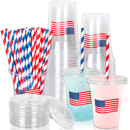 Patriotic Flag Disposable Drinking Cups with Straws & Lids-50Pcs